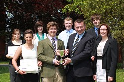 Ian Burrow presents the award to Alex Goodge (centre), joined by the other finalists and Charlotte Woffindin (far right) from NatWest. 