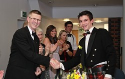 Carwyn Rees is congratulated by Harper Adams Principal Dr David Llewellyn on receiving the RWAS-Harper Cymry Student Award