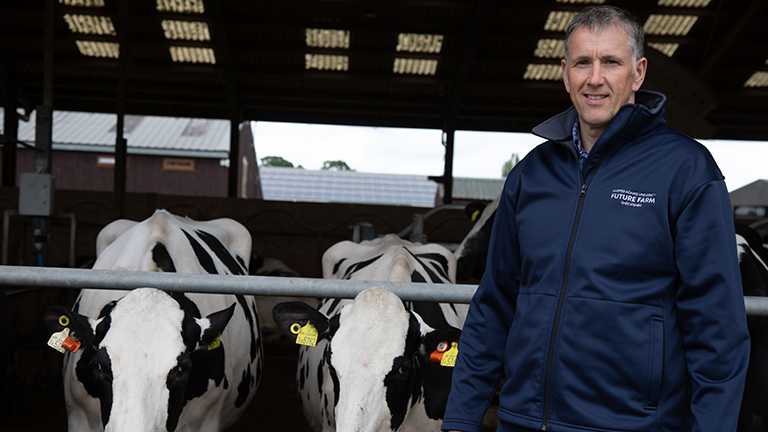Paul Kelly with some of the cows in the Future Farm dairy herd