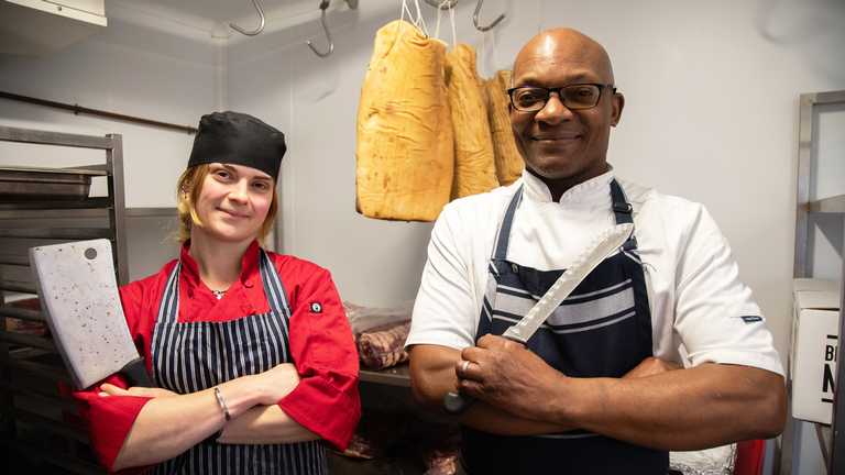 Amy Bower and Head Chef Geoff Clark in the Harper Adams kitchens