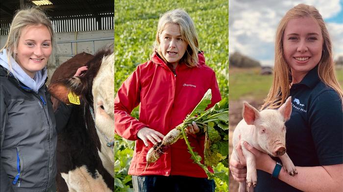 A triptych image of National Women in Agriculture awards nominees: from left, Isla Soutter, Louisa Dines, and Chloe Gimson
