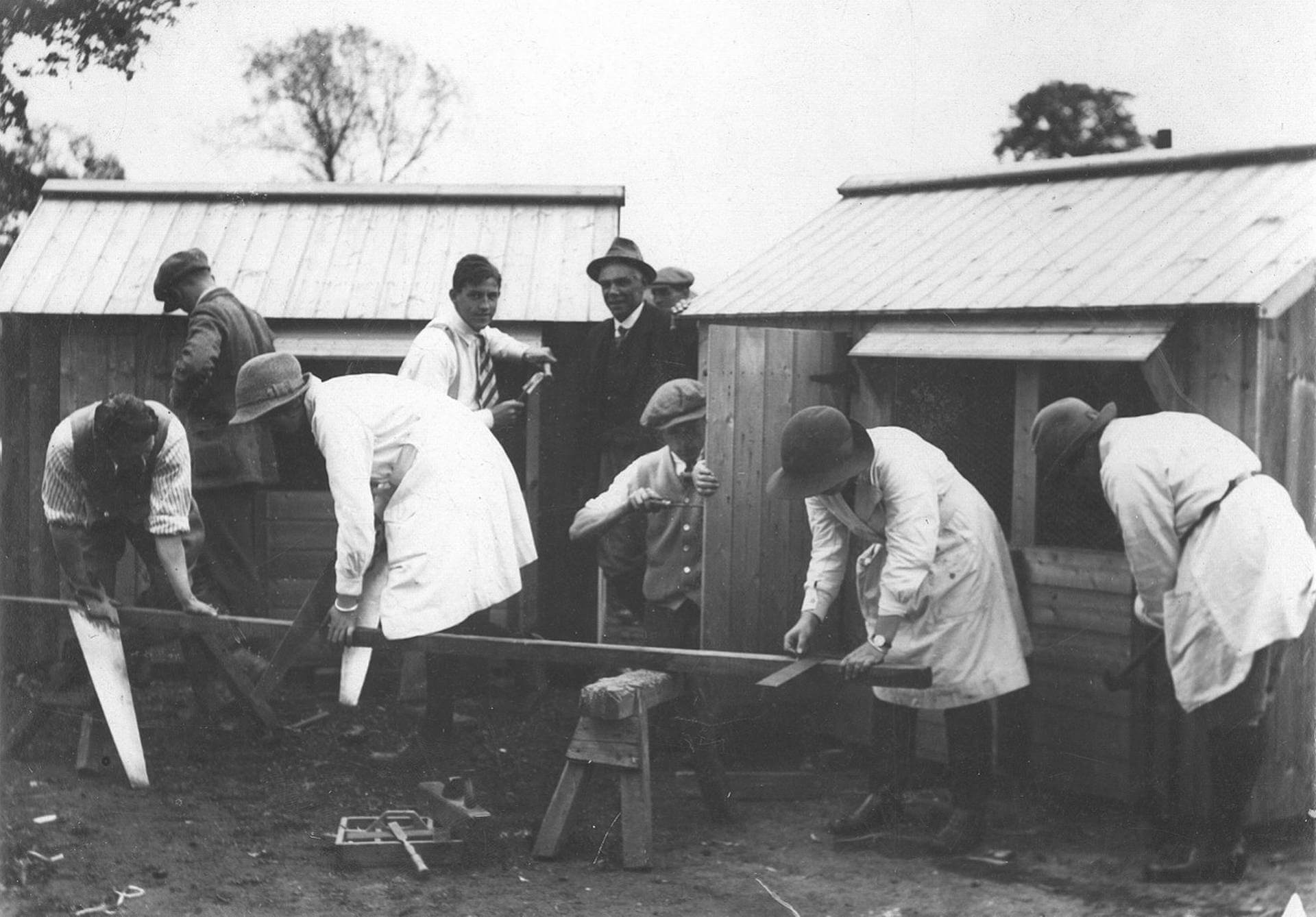 Students making poultry houses during WW2