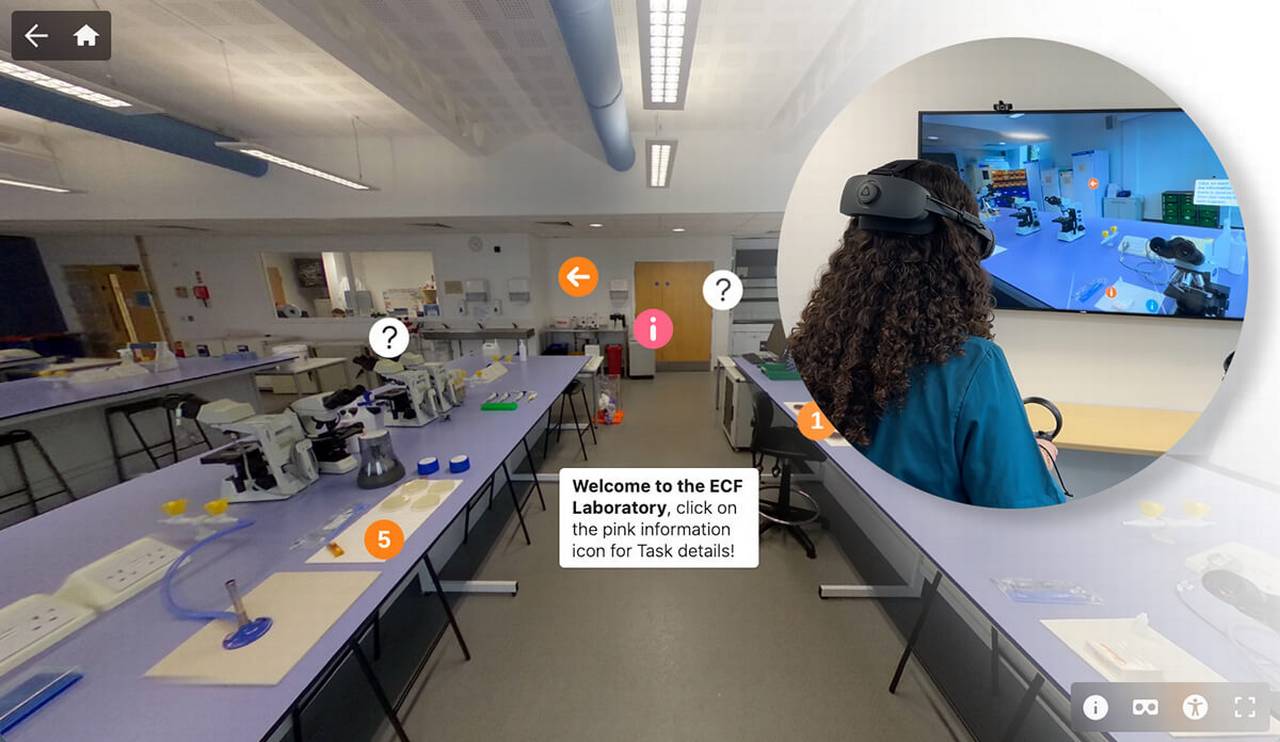 Image shows the immersive 360 laboratory environment, overlaid with a student wearing a virtual reality headset and navigating the lab.
