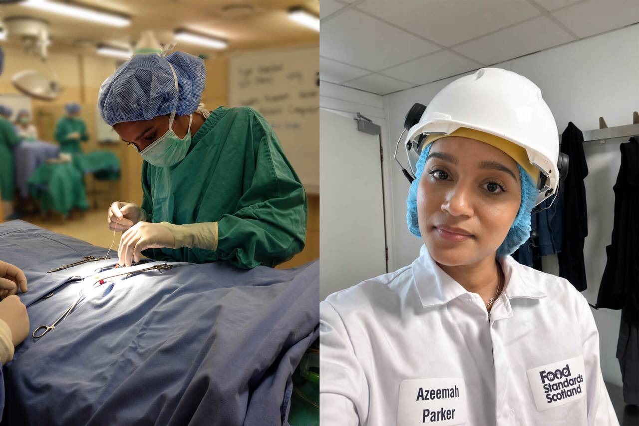 Two images, photograph on the left is of Azeemah wearing surgical scrubs performing an operation. Photograph on the left shows Azeemah wearing a laboratory coat and safety helmet.