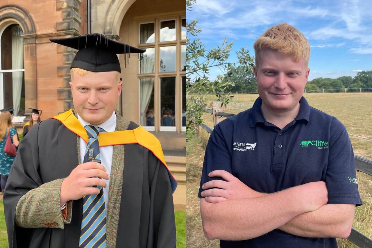 Charlie wearing graduation gown and cap. Second photograph shows Charlie wearing a branded t-shirt about to start his role as a farm animal vet