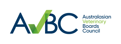 Australasian Veterinary Boards Council logo, navy blue text with a green tick graphic replacing the V of AVBC