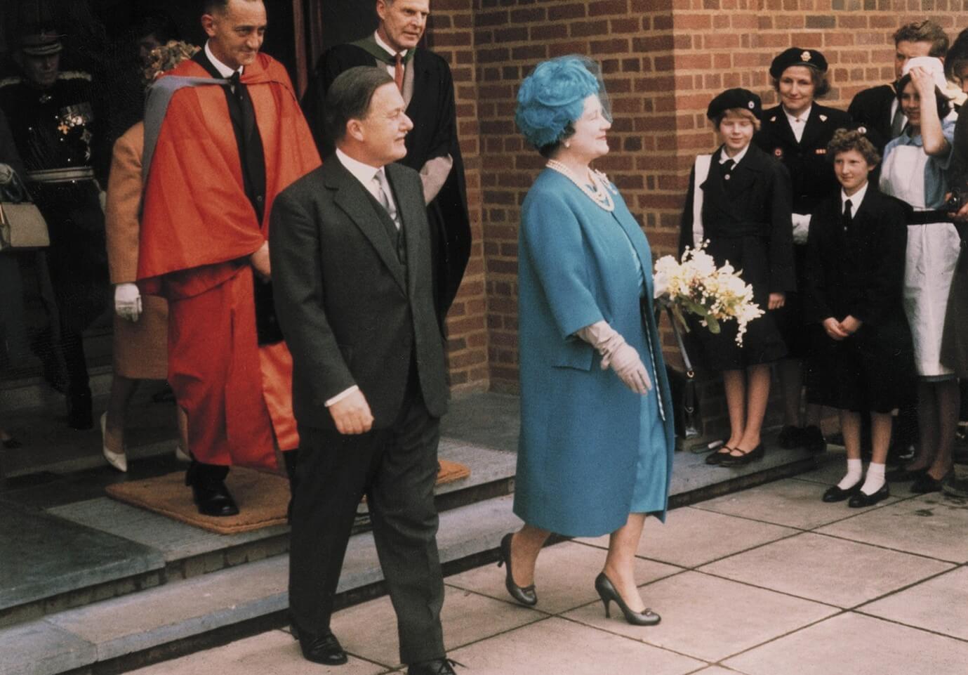 HRH The Princess Margaret visiting the campus in 1985 to open the new Science Building HM The Queen Mother
